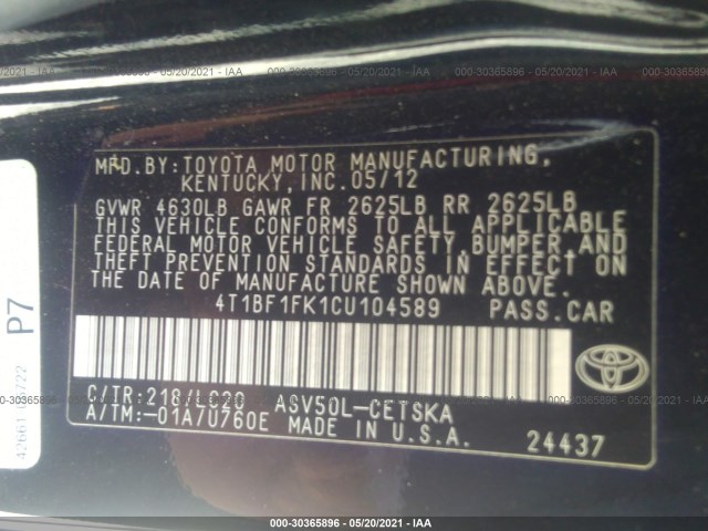 Photo 8 VIN: 4T1BF1FK1CU104589 - TOYOTA CAMRY 