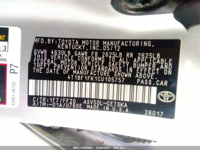 Photo 8 VIN: 4T1BF1FK1CU105757 - TOYOTA CAMRY 