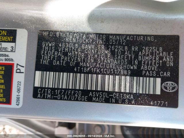 Photo 8 VIN: 4T1BF1FK1CU117889 - TOYOTA CAMRY 