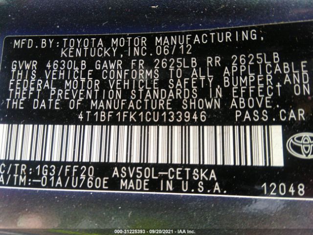 Photo 8 VIN: 4T1BF1FK1CU133946 - TOYOTA CAMRY 