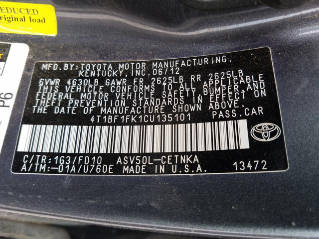 Photo 9 VIN: 4T1BF1FK1CU135101 - TOYOTA CAMRY BASE 