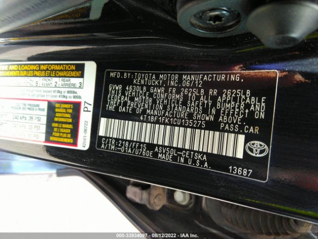 Photo 8 VIN: 4T1BF1FK1CU135275 - TOYOTA CAMRY 