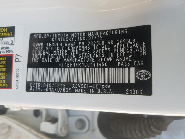 Photo 9 VIN: 4T1BF1FK1CU141450 - TOYOTA CAMRY BASE 