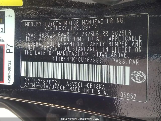 Photo 8 VIN: 4T1BF1FK1CU167983 - TOYOTA CAMRY 