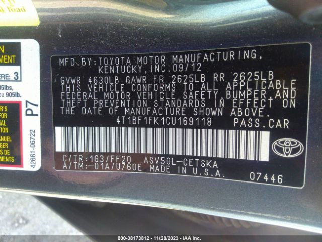 Photo 8 VIN: 4T1BF1FK1CU169118 - TOYOTA CAMRY 