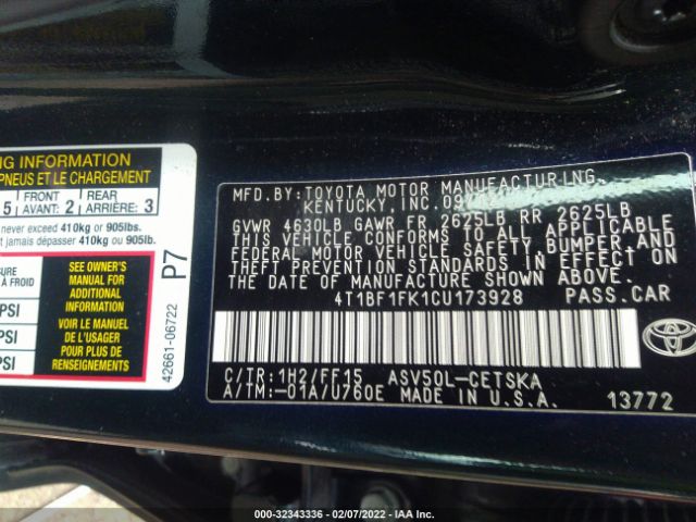 Photo 8 VIN: 4T1BF1FK1CU173928 - TOYOTA CAMRY 