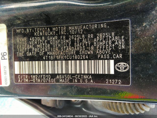 Photo 8 VIN: 4T1BF1FK1CU180264 - TOYOTA CAMRY 