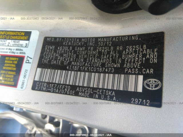 Photo 8 VIN: 4T1BF1FK1CU187473 - TOYOTA CAMRY 