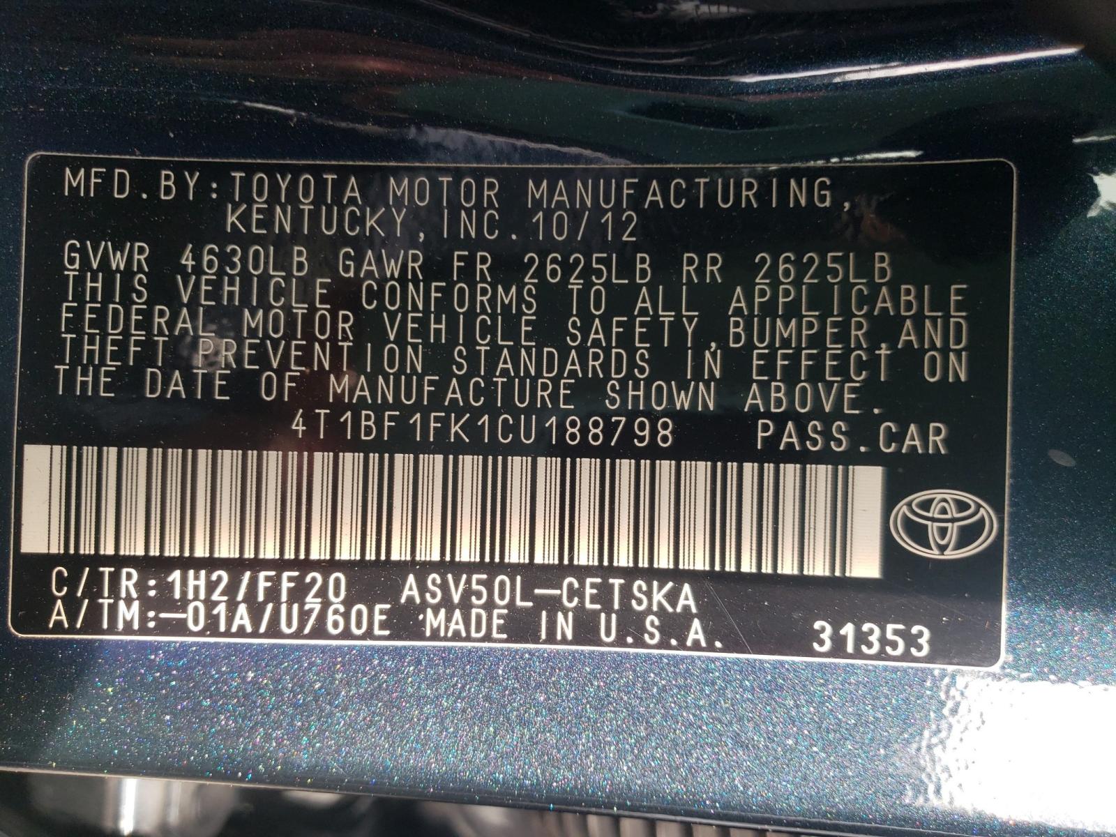 Photo 9 VIN: 4T1BF1FK1CU188798 - TOYOTA CAMRY BASE 