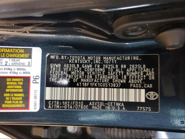 Photo 9 VIN: 4T1BF1FK1CU513837 - TOYOTA CAMRY BASE 