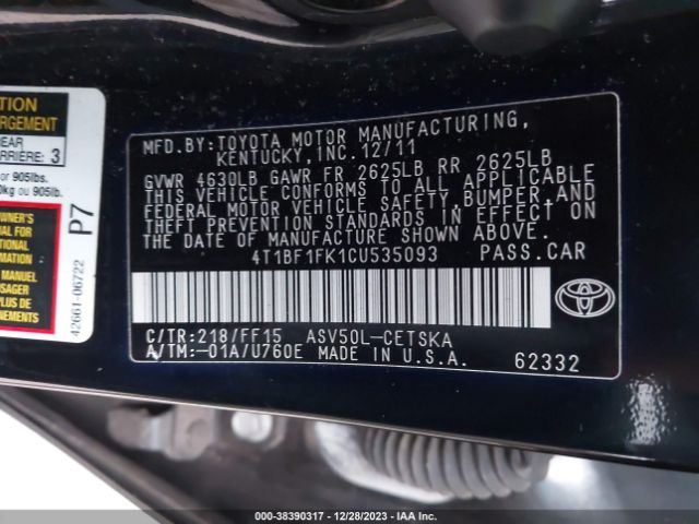 Photo 8 VIN: 4T1BF1FK1CU535093 - TOYOTA CAMRY 