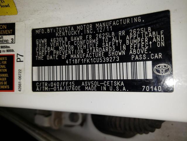 Photo 9 VIN: 4T1BF1FK1CU539273 - TOYOTA CAMRY BASE 