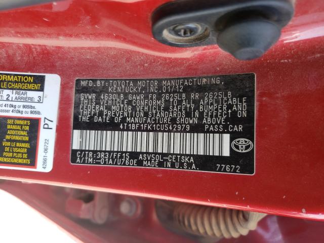 Photo 9 VIN: 4T1BF1FK1CU542979 - TOYOTA CAMRY BASE 