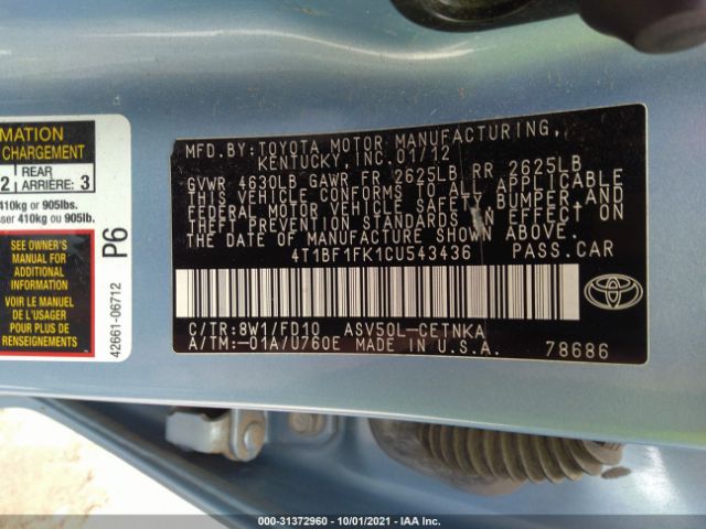 Photo 8 VIN: 4T1BF1FK1CU543436 - TOYOTA CAMRY 