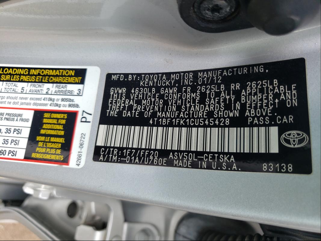 Photo 9 VIN: 4T1BF1FK1CU545428 - TOYOTA CAMRY 