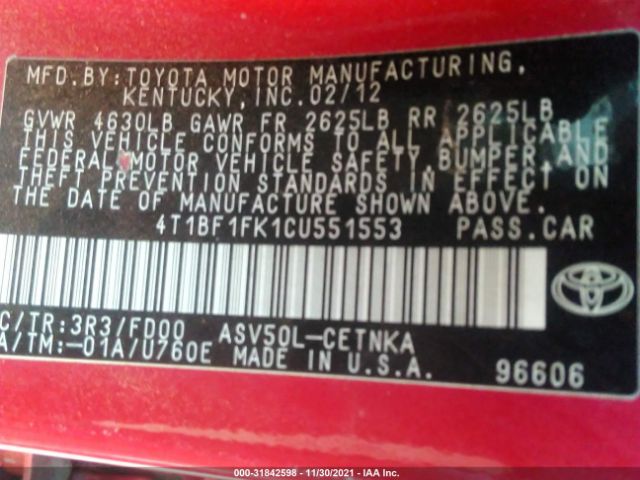 Photo 8 VIN: 4T1BF1FK1CU551553 - TOYOTA CAMRY 