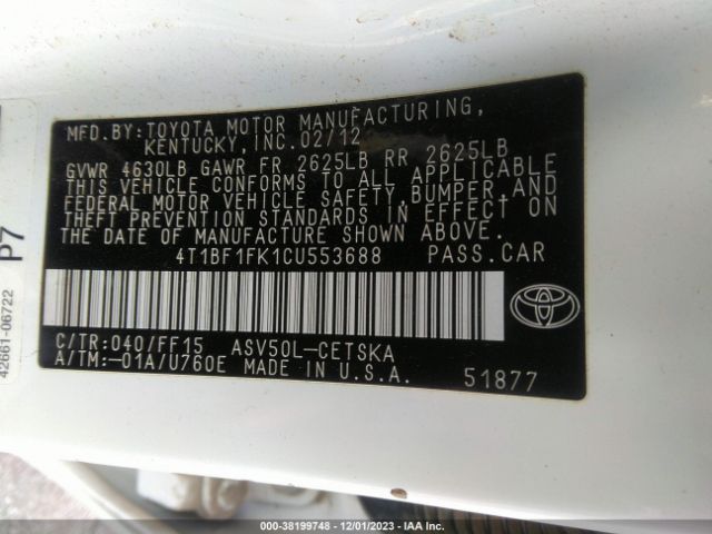 Photo 8 VIN: 4T1BF1FK1CU553688 - TOYOTA CAMRY BASE 