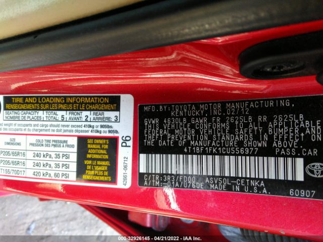 Photo 8 VIN: 4T1BF1FK1CU556977 - TOYOTA CAMRY 