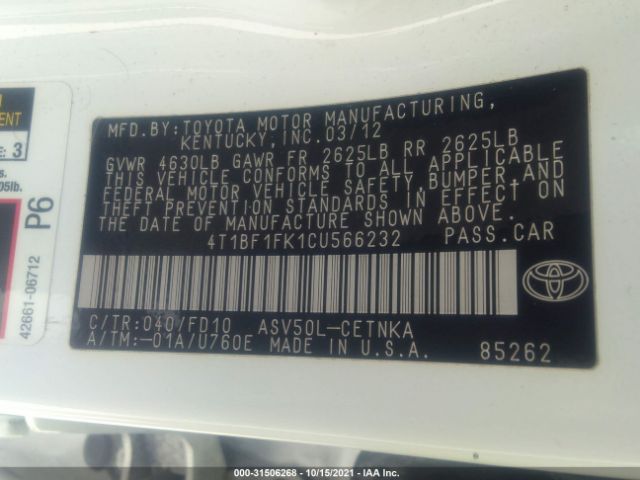 Photo 8 VIN: 4T1BF1FK1CU566232 - TOYOTA CAMRY 