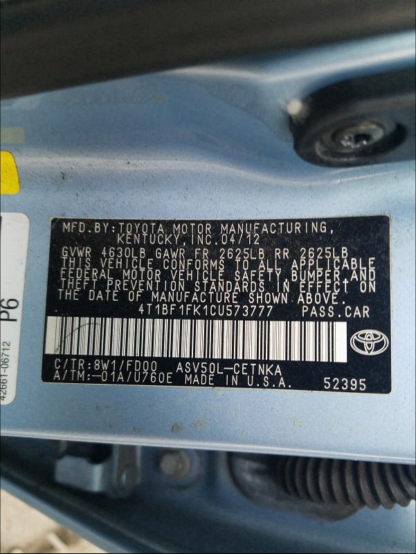 Photo 9 VIN: 4T1BF1FK1CU573777 - TOYOTA CAMRY BASE 