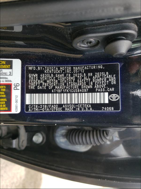 Photo 9 VIN: 4T1BF1FK1CU584097 - TOYOTA CAMRY BASE 