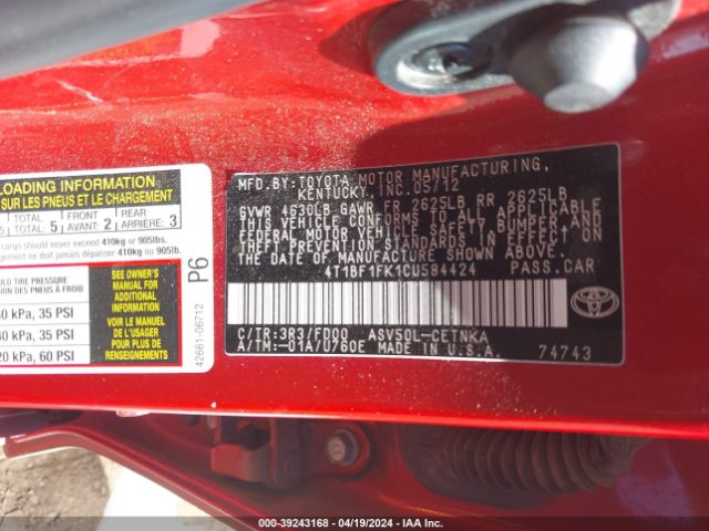 Photo 8 VIN: 4T1BF1FK1CU584424 - TOYOTA CAMRY 