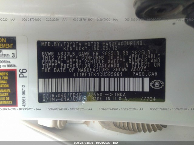 Photo 8 VIN: 4T1BF1FK1CU585881 - TOYOTA CAMRY 