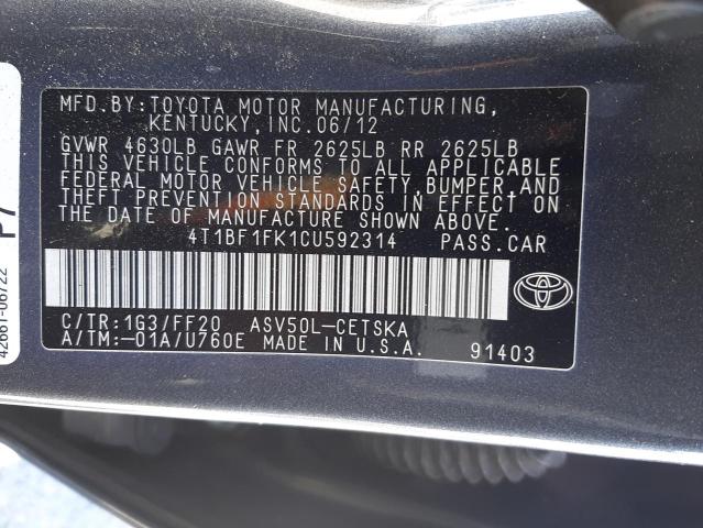 Photo 9 VIN: 4T1BF1FK1CU592314 - TOYOTA CAMRY BASE 