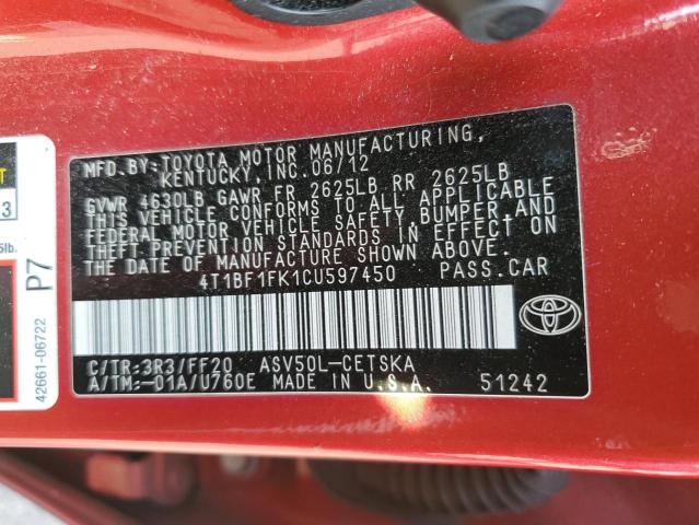 Photo 11 VIN: 4T1BF1FK1CU597450 - TOYOTA CAMRY BASE 