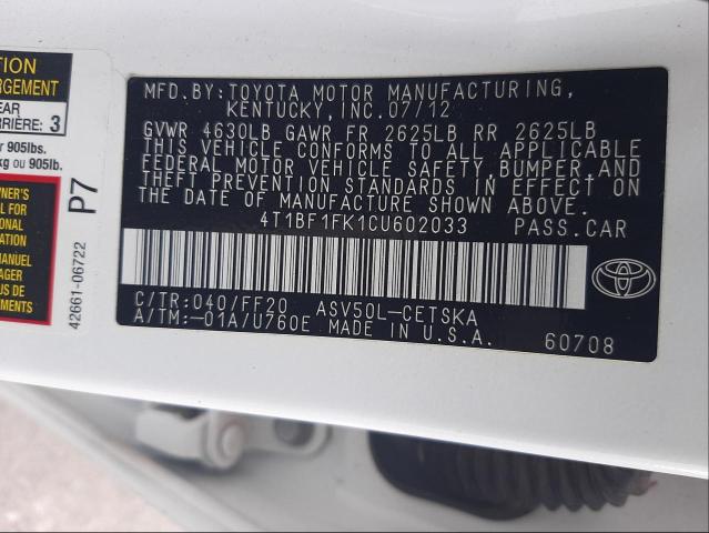 Photo 9 VIN: 4T1BF1FK1CU602033 - TOYOTA CAMRY SE 