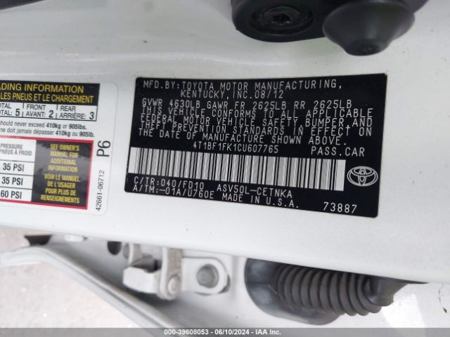 Photo 8 VIN: 4T1BF1FK1CU607765 - TOYOTA CAMRY 