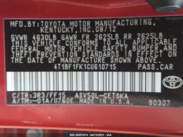 Photo 8 VIN: 4T1BF1FK1CU610715 - TOYOTA CAMRY 