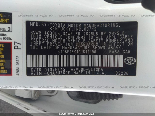 Photo 8 VIN: 4T1BF1FK1CU612190 - TOYOTA CAMRY 