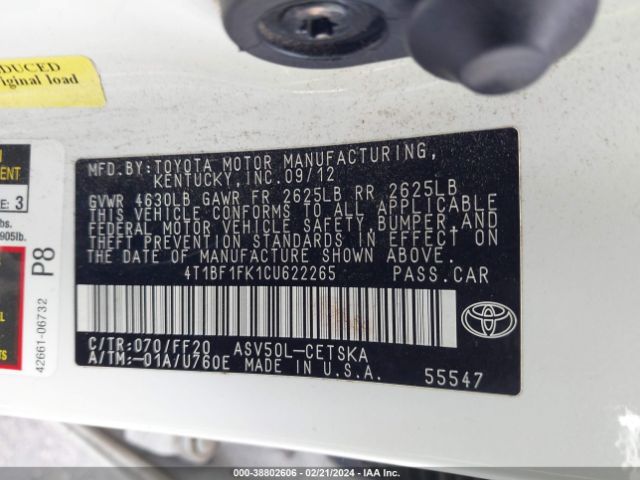 Photo 8 VIN: 4T1BF1FK1CU622265 - TOYOTA CAMRY 