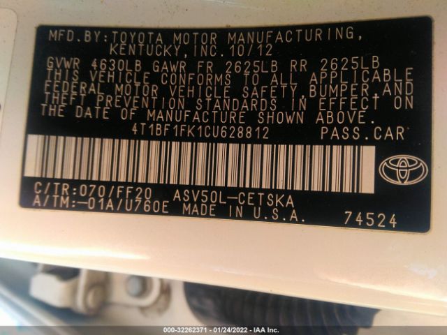 Photo 8 VIN: 4T1BF1FK1CU628812 - TOYOTA CAMRY 