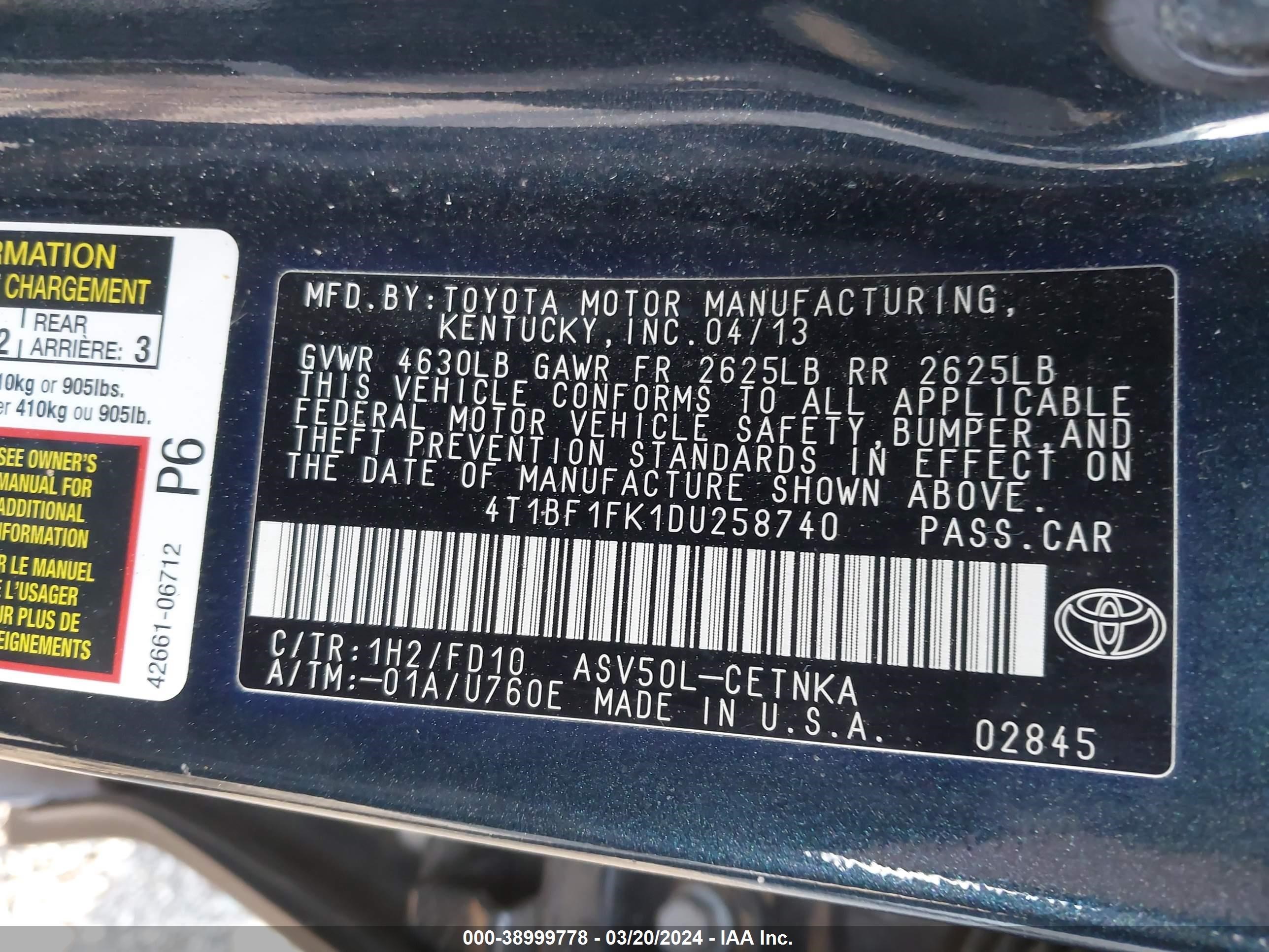 Photo 8 VIN: 4T1BF1FK1DU258740 - TOYOTA CAMRY 