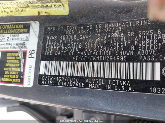 Photo 8 VIN: 4T1BF1FK1DU294895 - TOYOTA CAMRY 