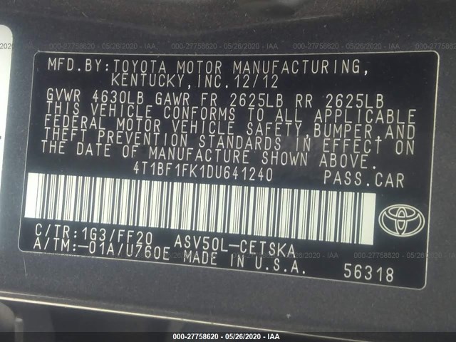 Photo 8 VIN: 4T1BF1FK1DU641240 - TOYOTA CAMRY 