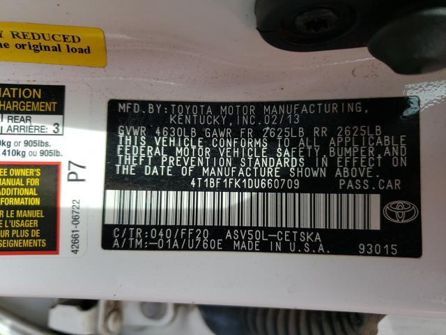 Photo 9 VIN: 4T1BF1FK1DU660709 - TOYOTA CAMRY L 