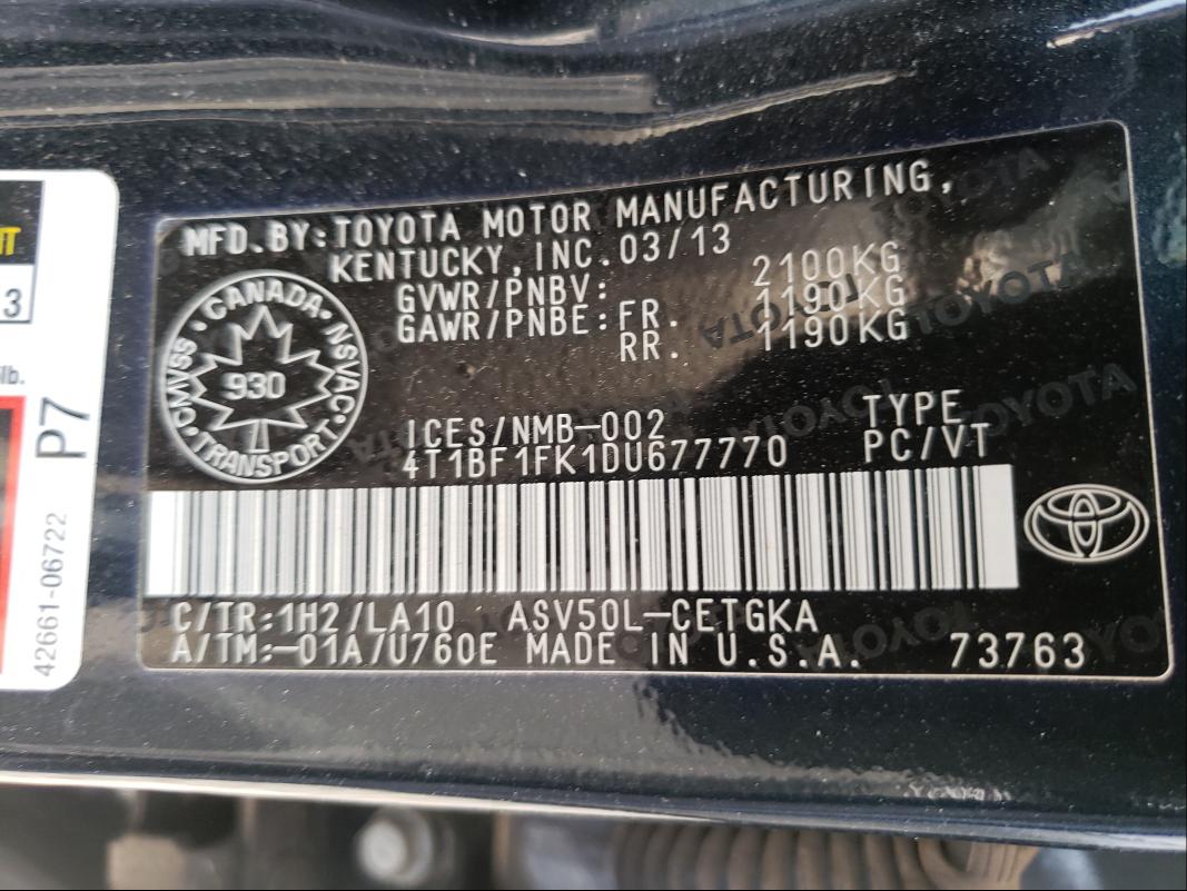 Photo 9 VIN: 4T1BF1FK1DU677770 - TOYOTA CAMRY L 