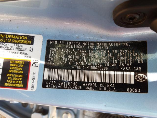 Photo 9 VIN: 4T1BF1FK1DU685996 - TOYOTA CAMRY L 