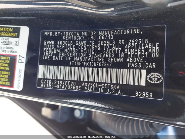 Photo 8 VIN: 4T1BF1FK1DU707947 - TOYOTA CAMRY 