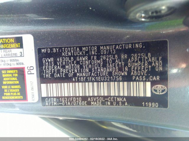 Photo 8 VIN: 4T1BF1FK1EU321756 - TOYOTA CAMRY 