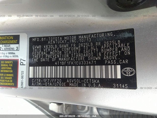 Photo 8 VIN: 4T1BF1FK1EU333471 - TOYOTA CAMRY 