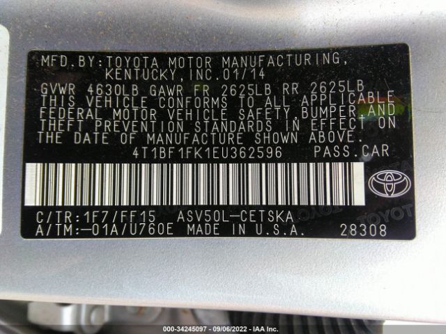 Photo 8 VIN: 4T1BF1FK1EU362596 - TOYOTA CAMRY 