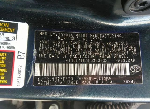 Photo 8 VIN: 4T1BF1FK1EU363635 - TOYOTA CAMRY 