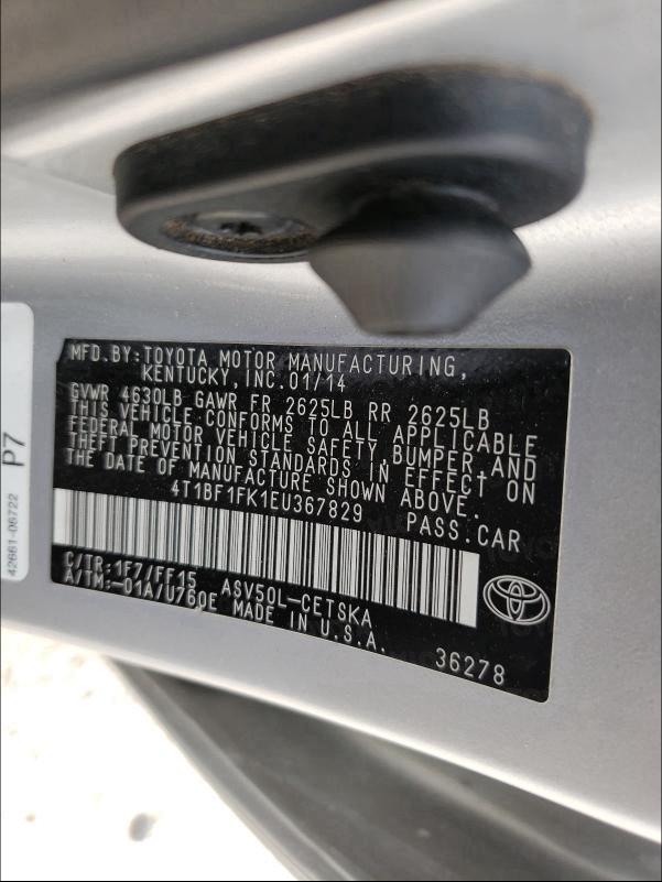 Photo 9 VIN: 4T1BF1FK1EU367829 - TOYOTA CAMRY L 