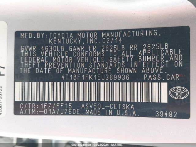 Photo 8 VIN: 4T1BF1FK1EU369936 - TOYOTA CAMRY 