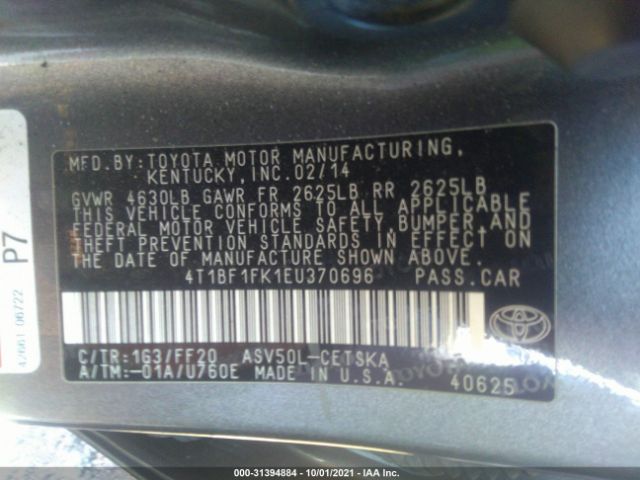 Photo 8 VIN: 4T1BF1FK1EU370696 - TOYOTA CAMRY L 