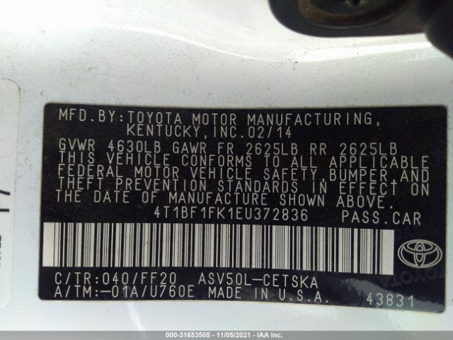 Photo 8 VIN: 4T1BF1FK1EU372836 - TOYOTA CAMRY 